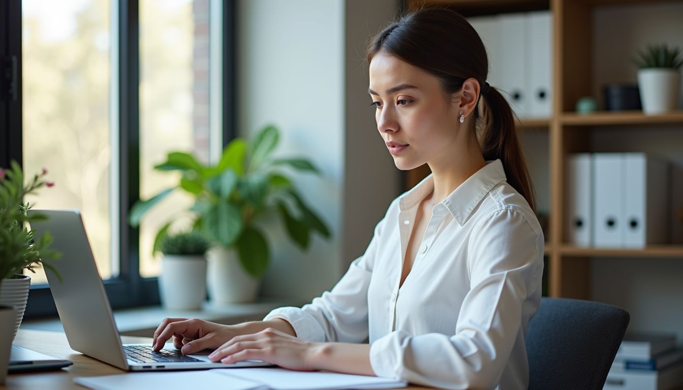A woman in her mid-30s working at a tidy office desk. A woman in her mid-30s working at a tidy office desk.